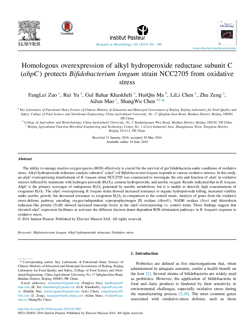 Homologous overexpression of alkyl hydroperoxide reductase subunit C (ahpC) protects Bifidobacterium longum strain NCC2705 from oxidative stress