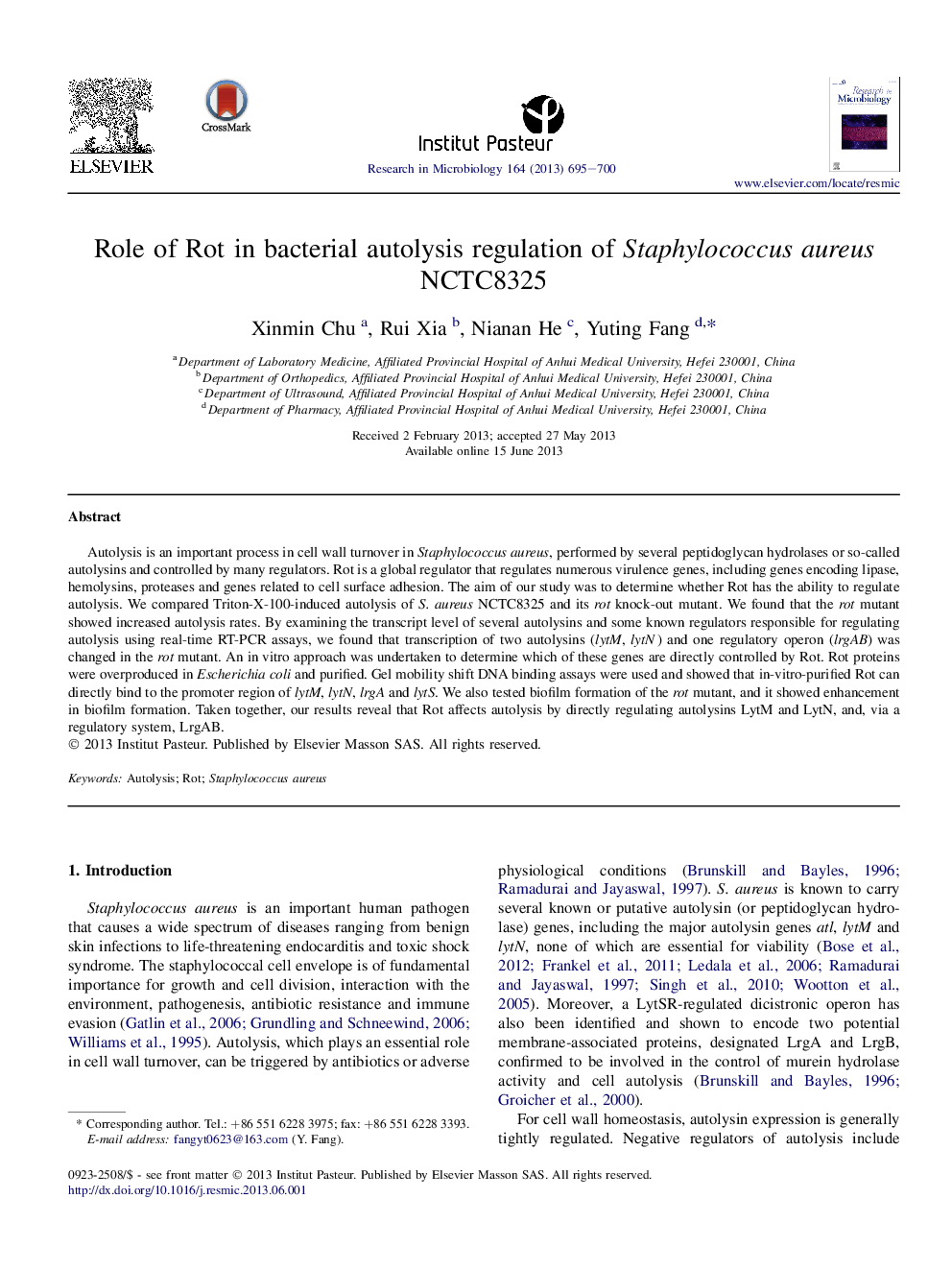 Role of Rot in bacterial autolysis regulation of Staphylococcus aureus NCTC8325