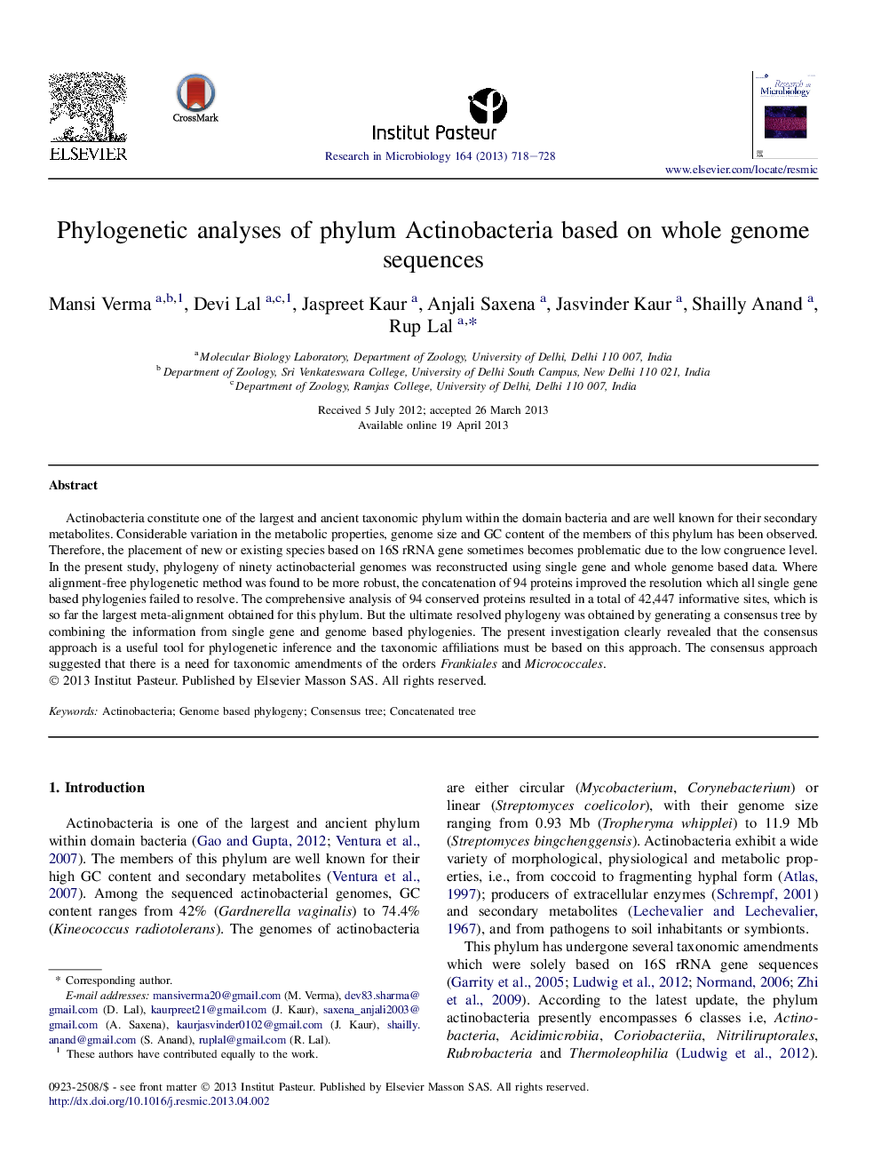 Phylogenetic analyses of phylum Actinobacteria based on whole genome sequences