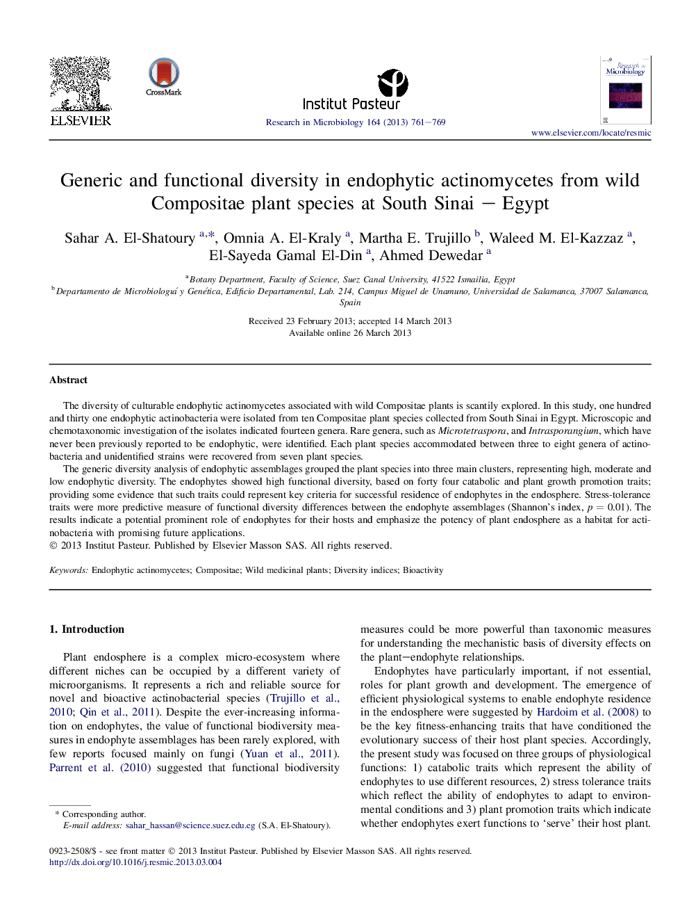 Generic and functional diversity in endophytic actinomycetes from wild Compositae plant species at South Sinai – Egypt