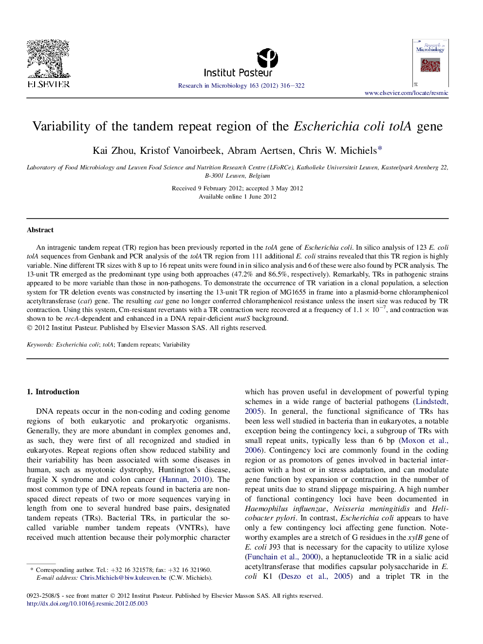 Variability of the tandem repeat region of the Escherichia coli tolA gene