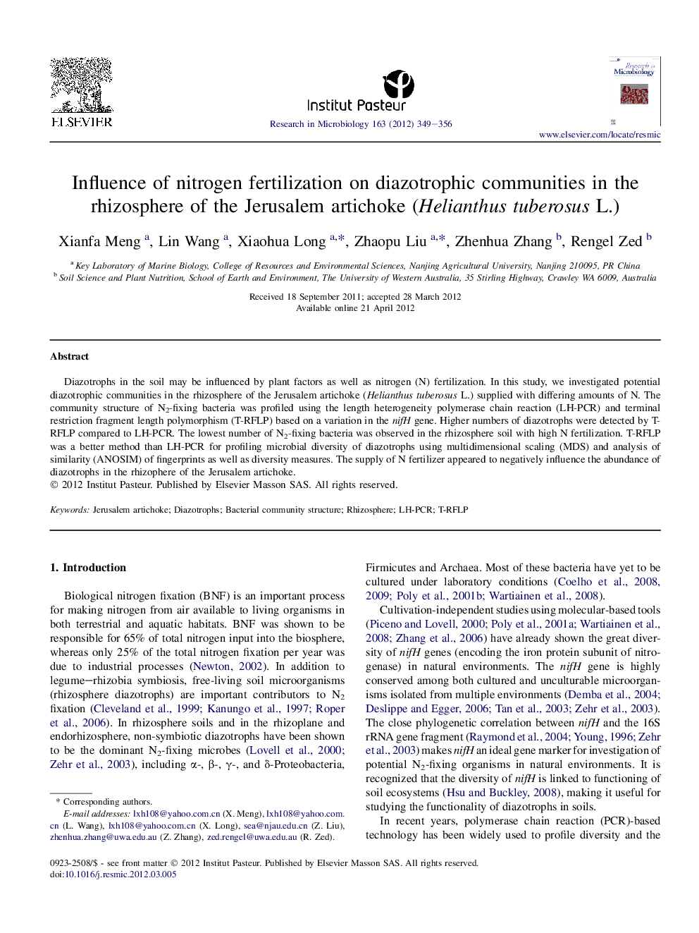 Influence of nitrogen fertilization on diazotrophic communities in the rhizosphere of the Jerusalem artichoke (Helianthus tuberosus L.)