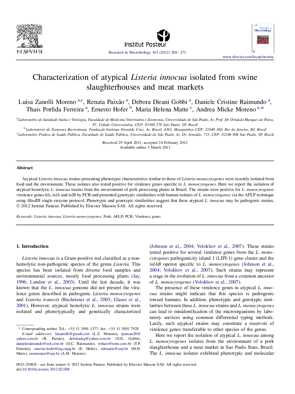 Characterization of atypical Listeria innocua isolated from swine slaughterhouses and meat markets