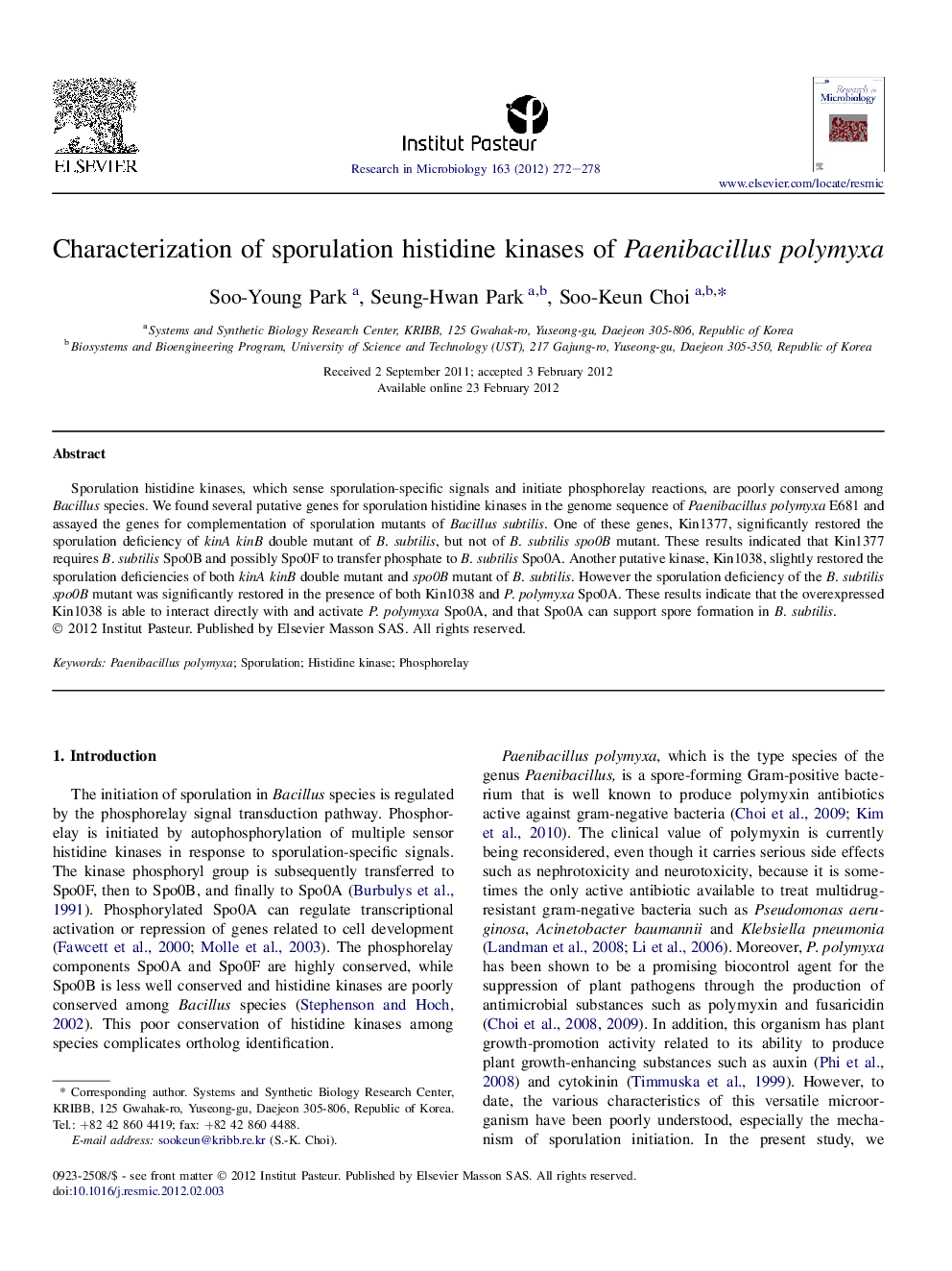 Characterization of sporulation histidine kinases of Paenibacillus polymyxa