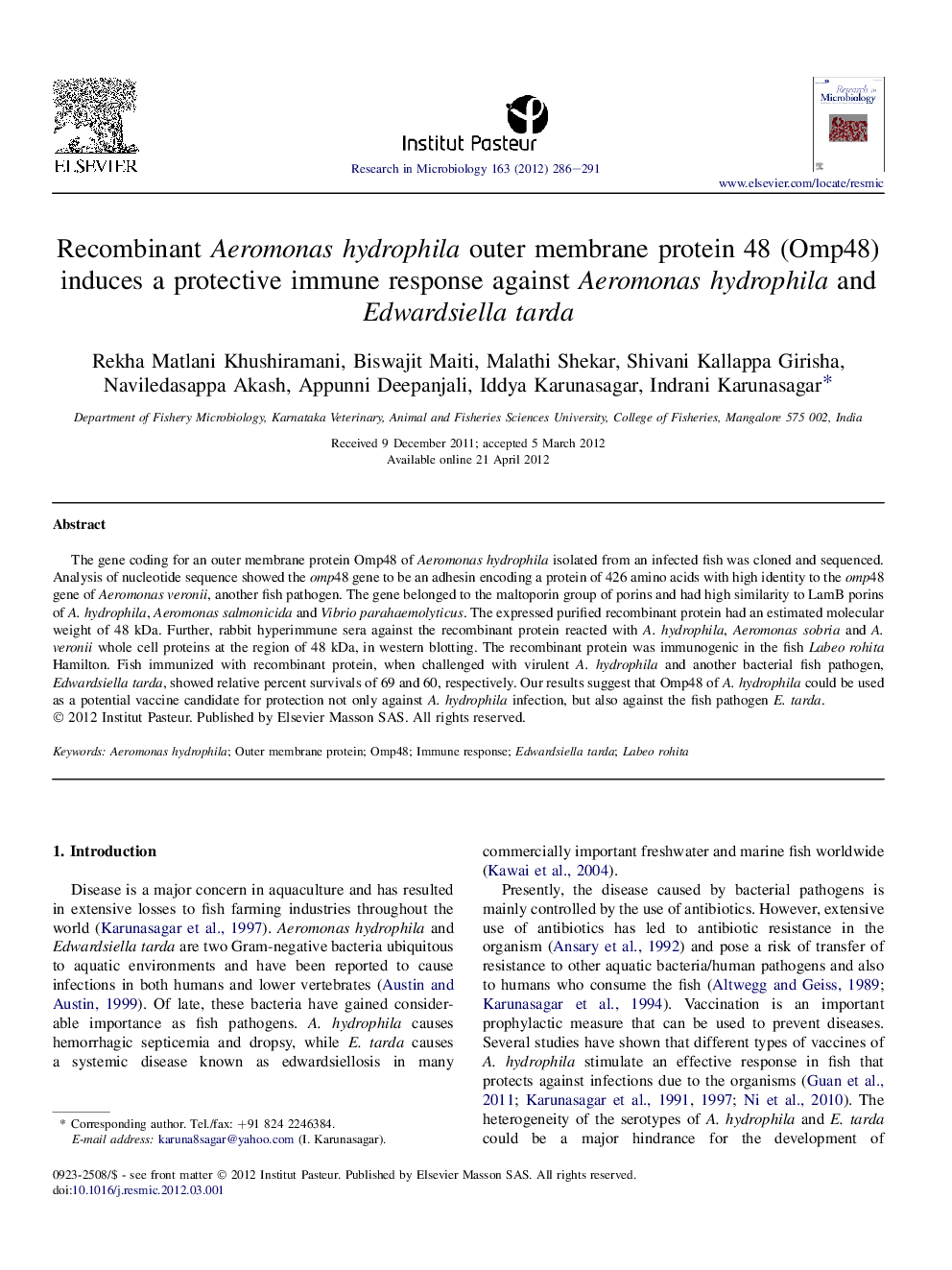 Recombinant Aeromonas hydrophila outer membrane protein 48 (Omp48) induces a protective immune response against Aeromonas hydrophila and Edwardsiella tarda