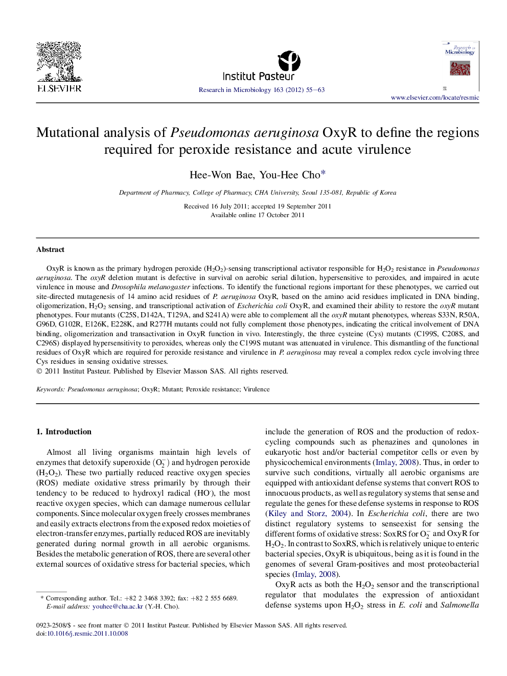 Mutational analysis of Pseudomonas aeruginosa OxyR to define the regions required for peroxide resistance and acute virulence