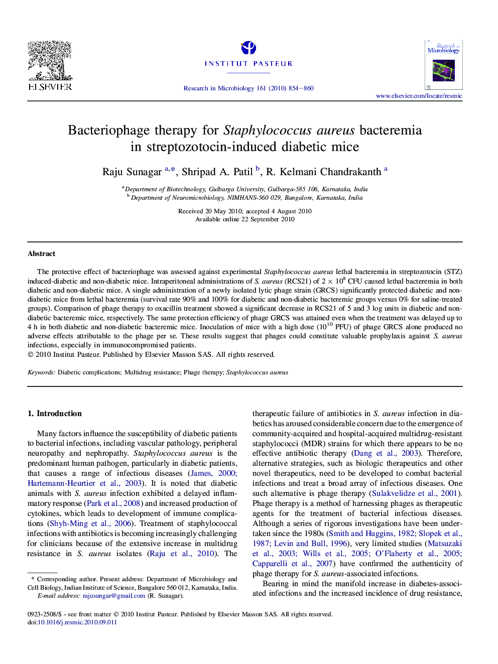 Bacteriophage therapy for Staphylococcus aureus bacteremia in streptozotocin-induced diabetic mice