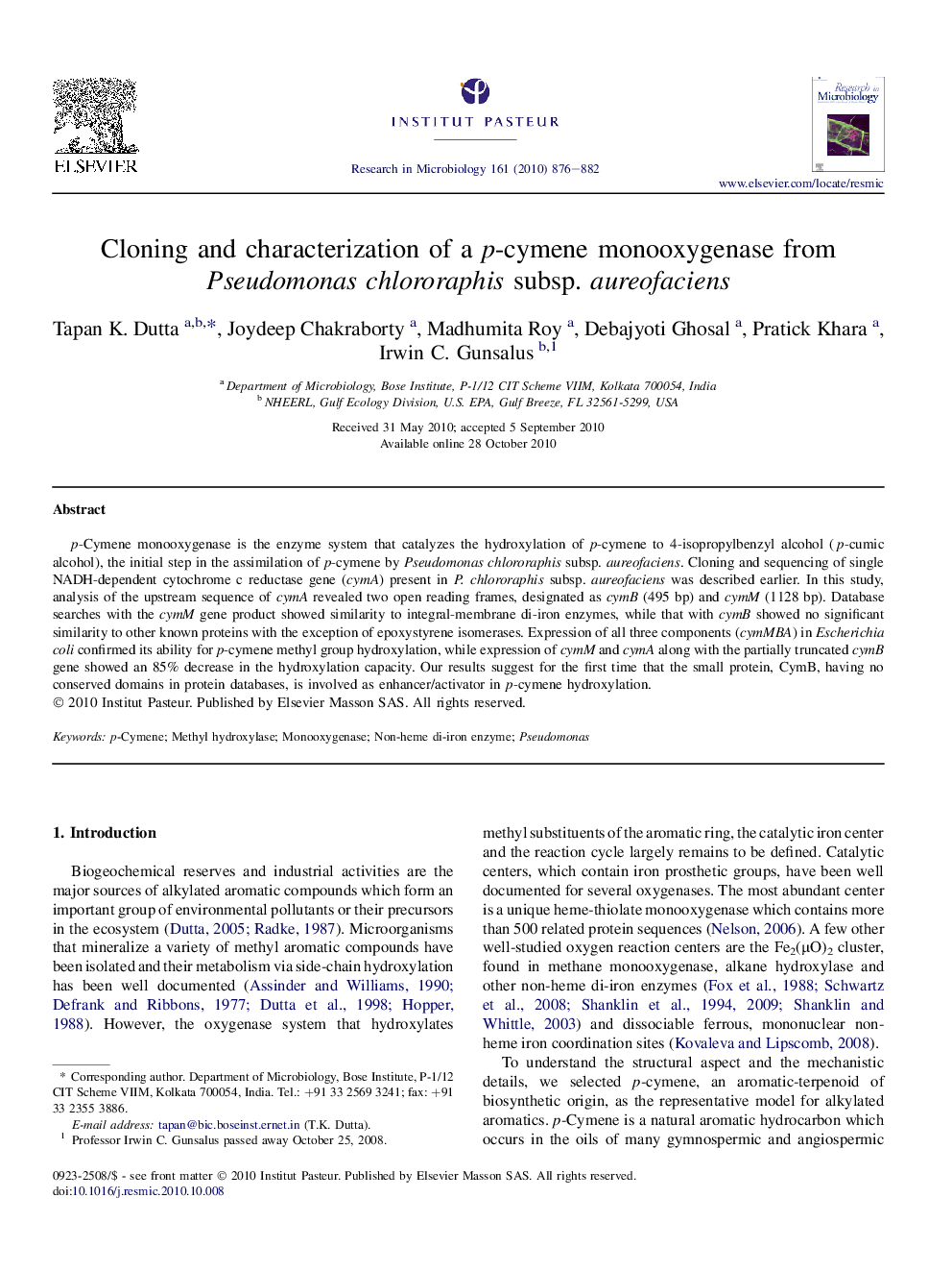 Cloning and characterization of a p-cymene monooxygenase from Pseudomonas chlororaphis subsp. aureofaciens