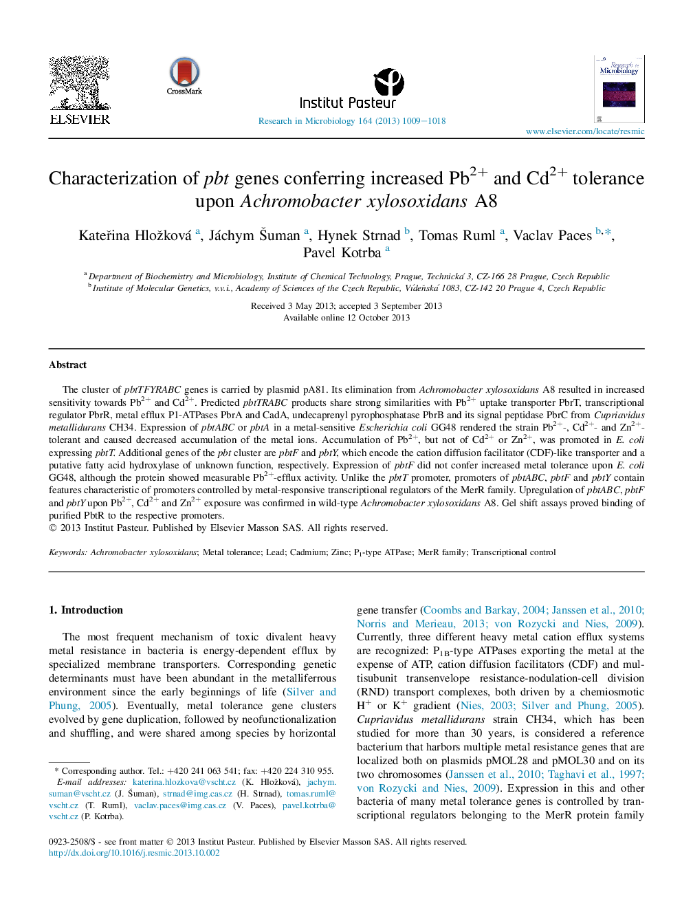 Characterization of pbt genes conferring increased Pb2+ and Cd2+ tolerance upon Achromobacter xylosoxidans A8