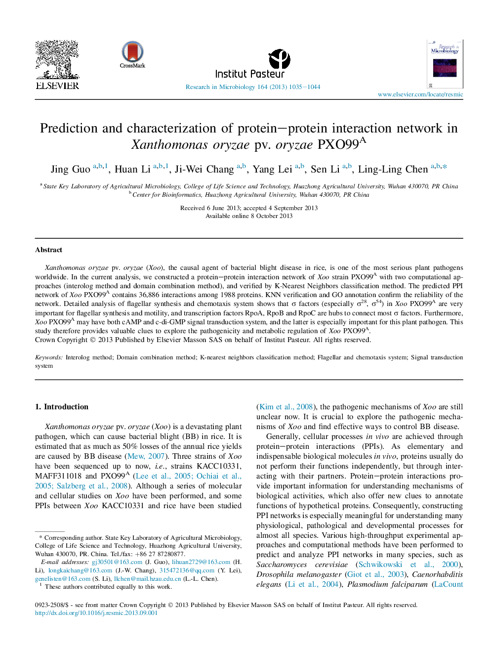 Prediction and characterization of protein–protein interaction network in Xanthomonas oryzae pv. oryzae PXO99A