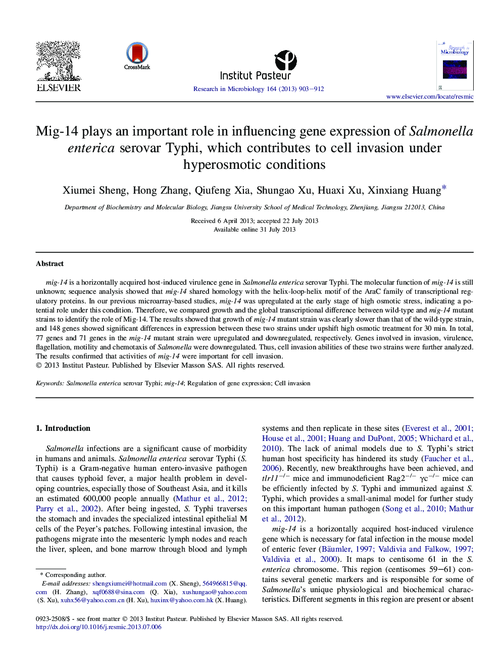 Mig-14 plays an important role in influencing gene expression of Salmonella enterica serovar Typhi, which contributes to cell invasion under hyperosmotic conditions