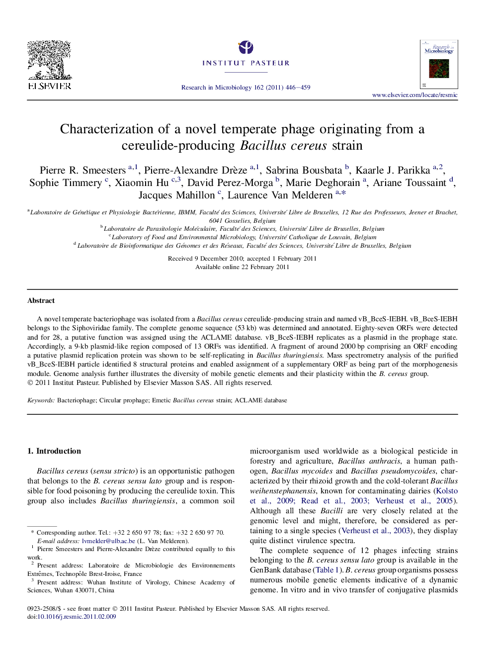 Characterization of a novel temperate phage originating from a cereulide-producing Bacillus cereus strain