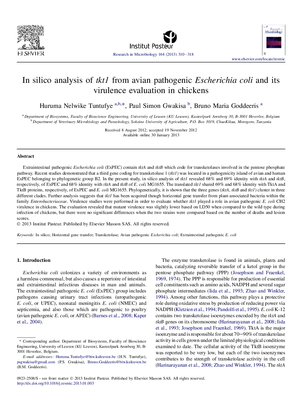 In silico analysis of tkt1 from avian pathogenic Escherichia coli and its virulence evaluation in chickens