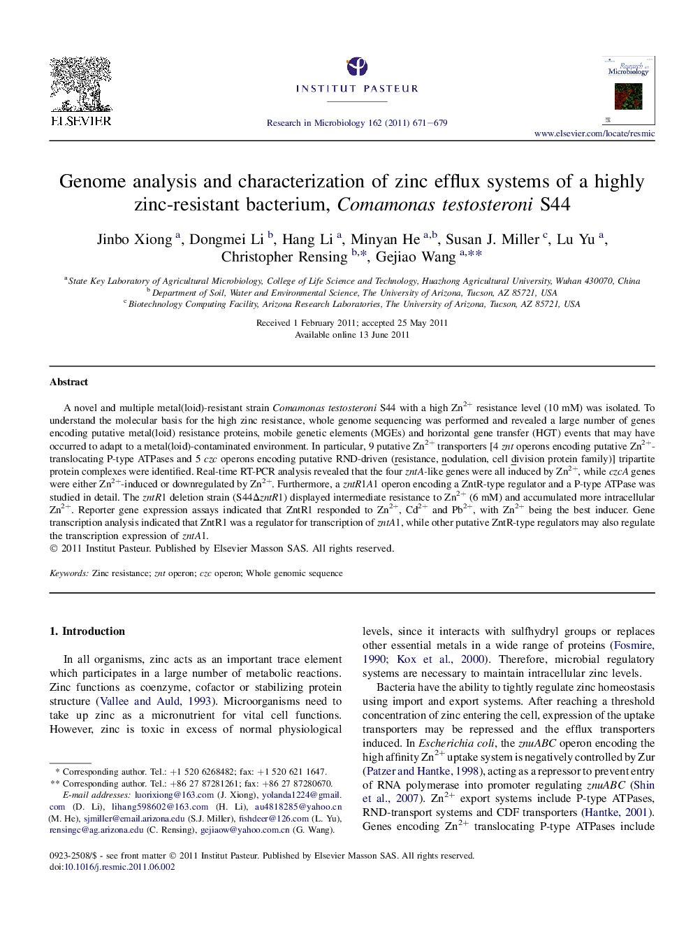 Genome analysis and characterization of zinc efflux systems of a highly zinc-resistant bacterium, Comamonas testosteroni S44