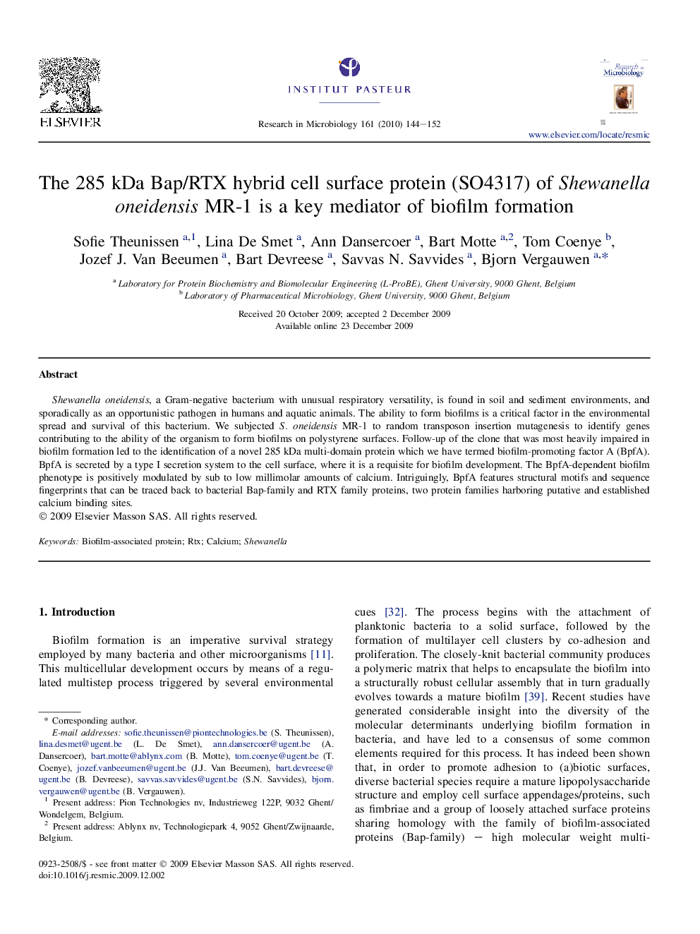 The 285 kDa Bap/RTX hybrid cell surface protein (SO4317) of Shewanella oneidensis MR-1 is a key mediator of biofilm formation