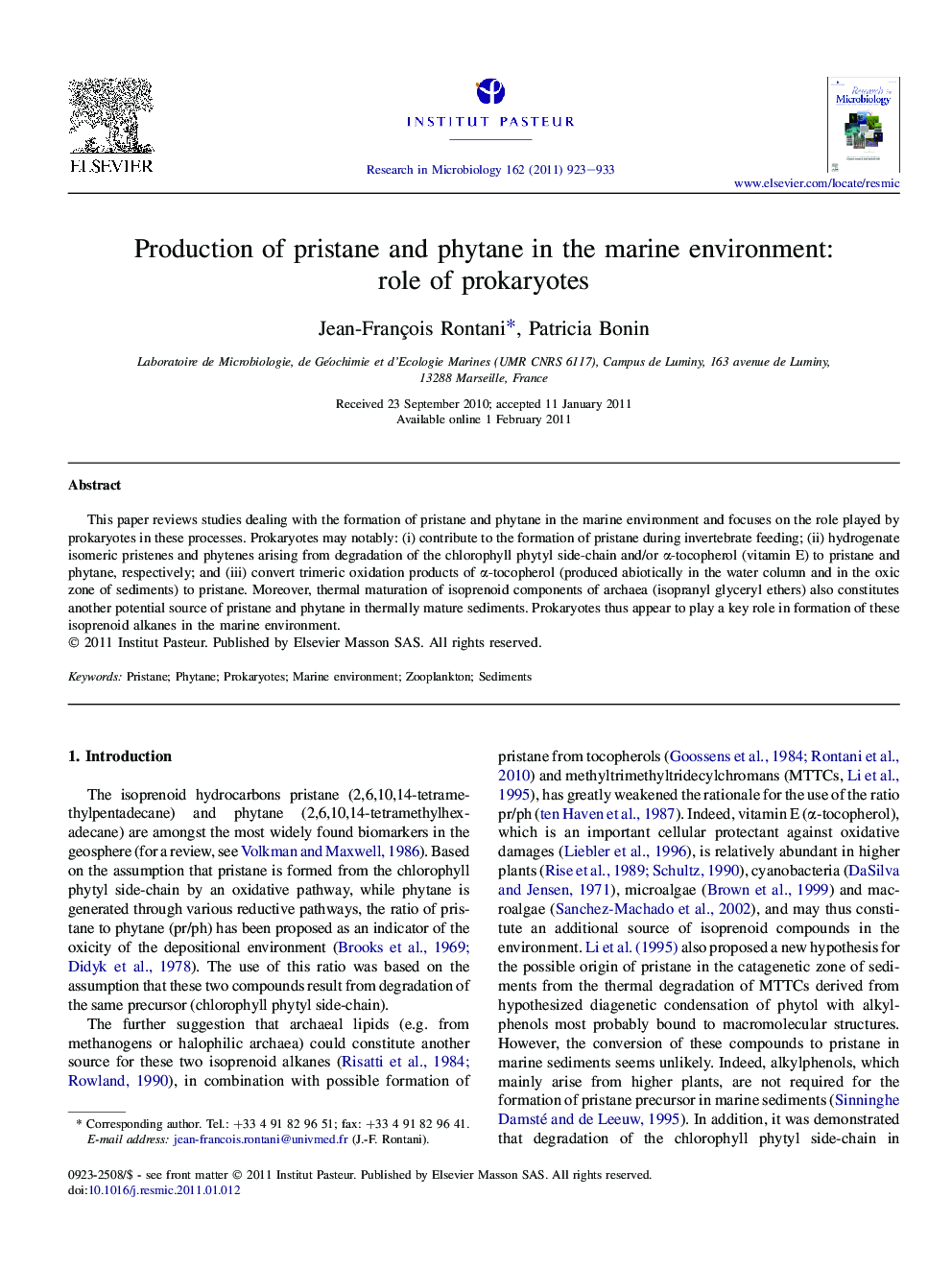 Production of pristane and phytane in the marine environment: role of prokaryotes