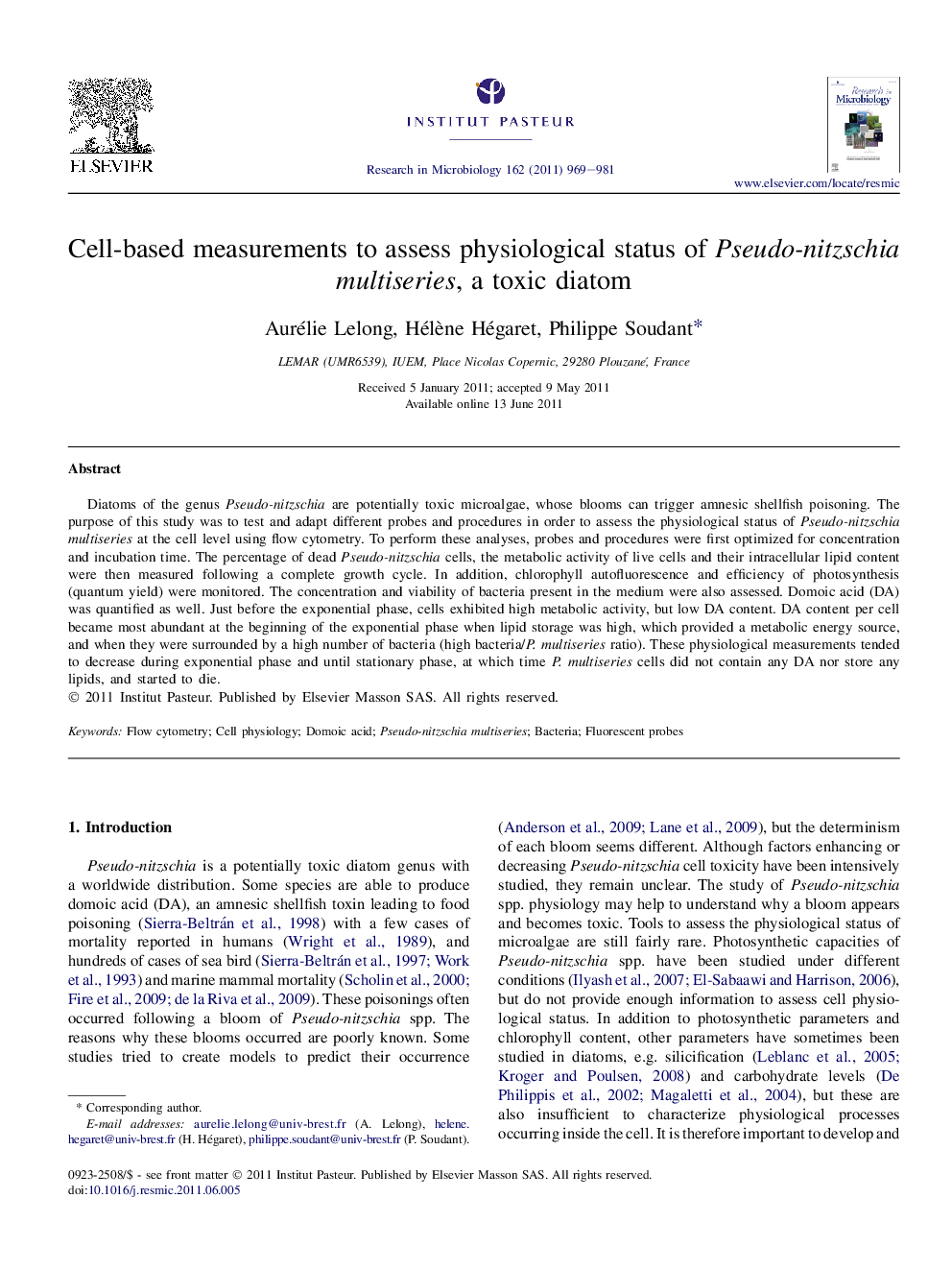 Cell-based measurements to assess physiological status of Pseudo-nitzschia multiseries, a toxic diatom