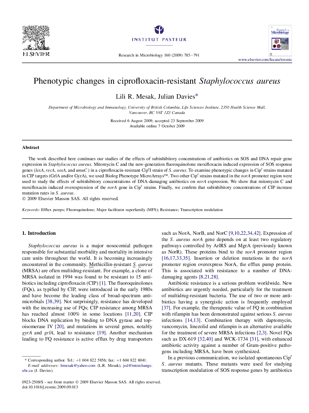 Phenotypic changes in ciprofloxacin-resistant Staphylococcus aureus