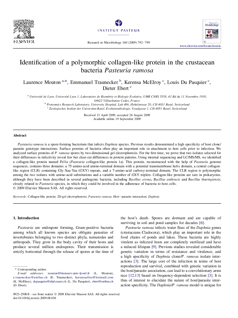 Identification of a polymorphic collagen-like protein in the crustacean bacteria Pasteuria ramosa