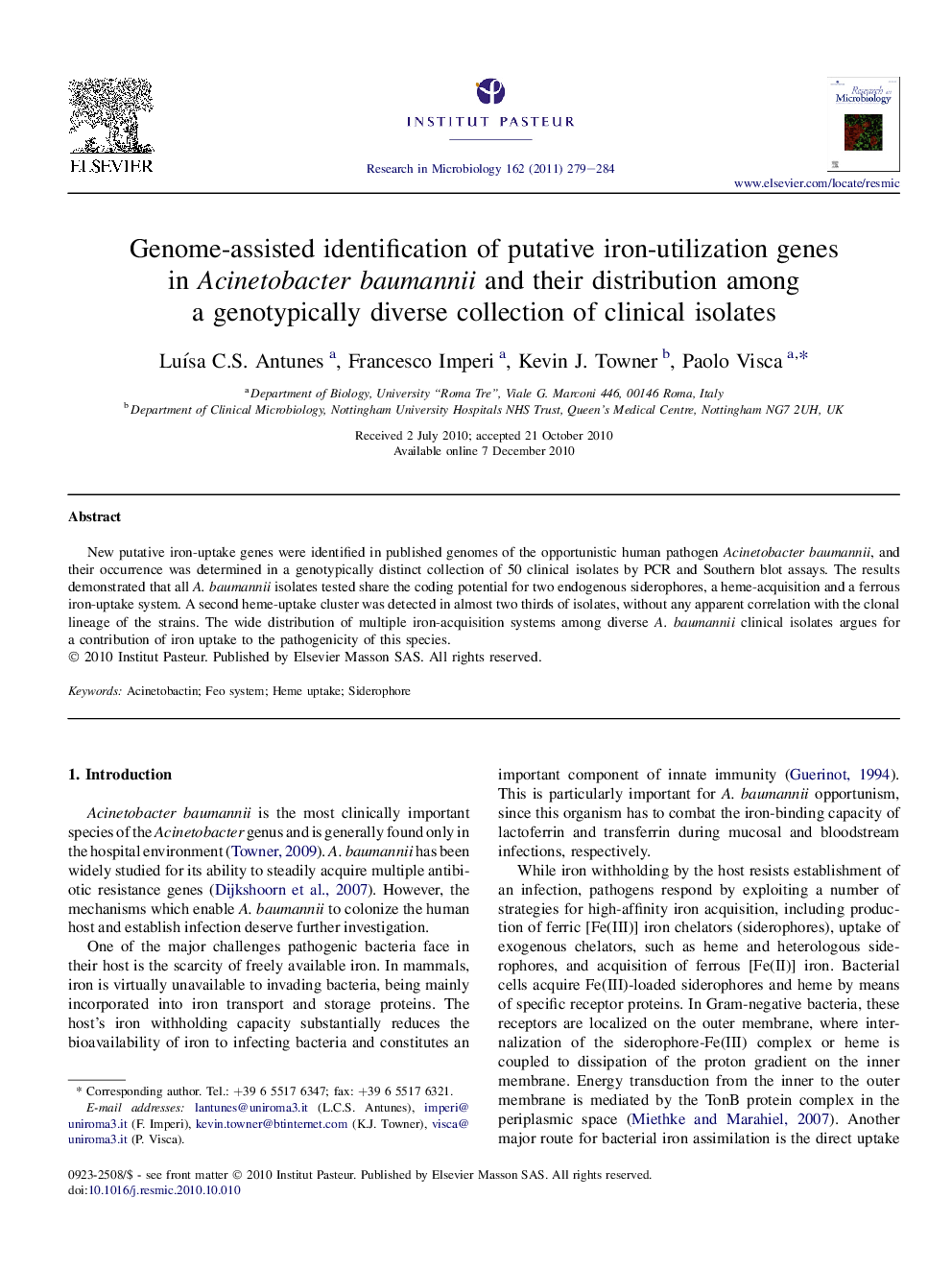 Genome-assisted identification of putative iron-utilization genes in Acinetobacter baumannii and their distribution among a genotypically diverse collection of clinical isolates