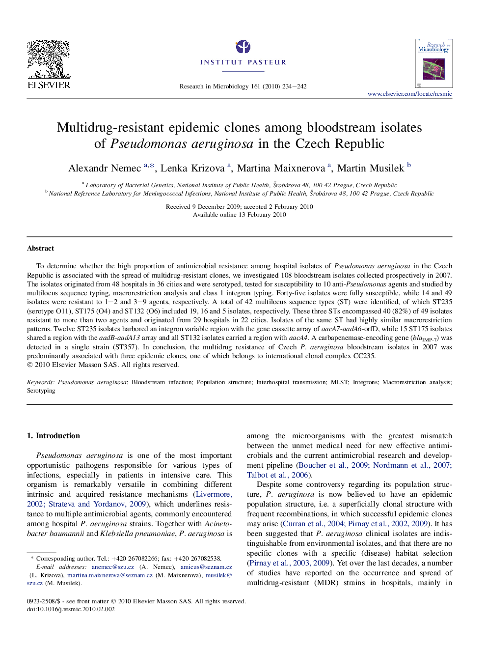 Multidrug-resistant epidemic clones among bloodstream isolates of Pseudomonas aeruginosa in the Czech Republic