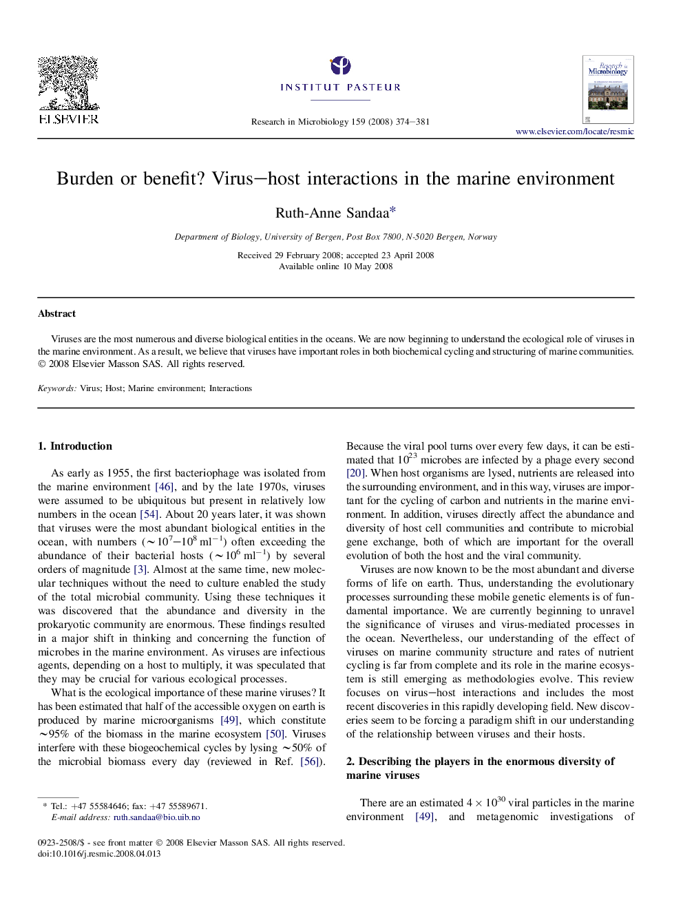 عکس صفحه اول مقاله: Burden or benefit? Virus–host interactions in the marine environment Burden or benefit? Virus–host interactions in the marine environment