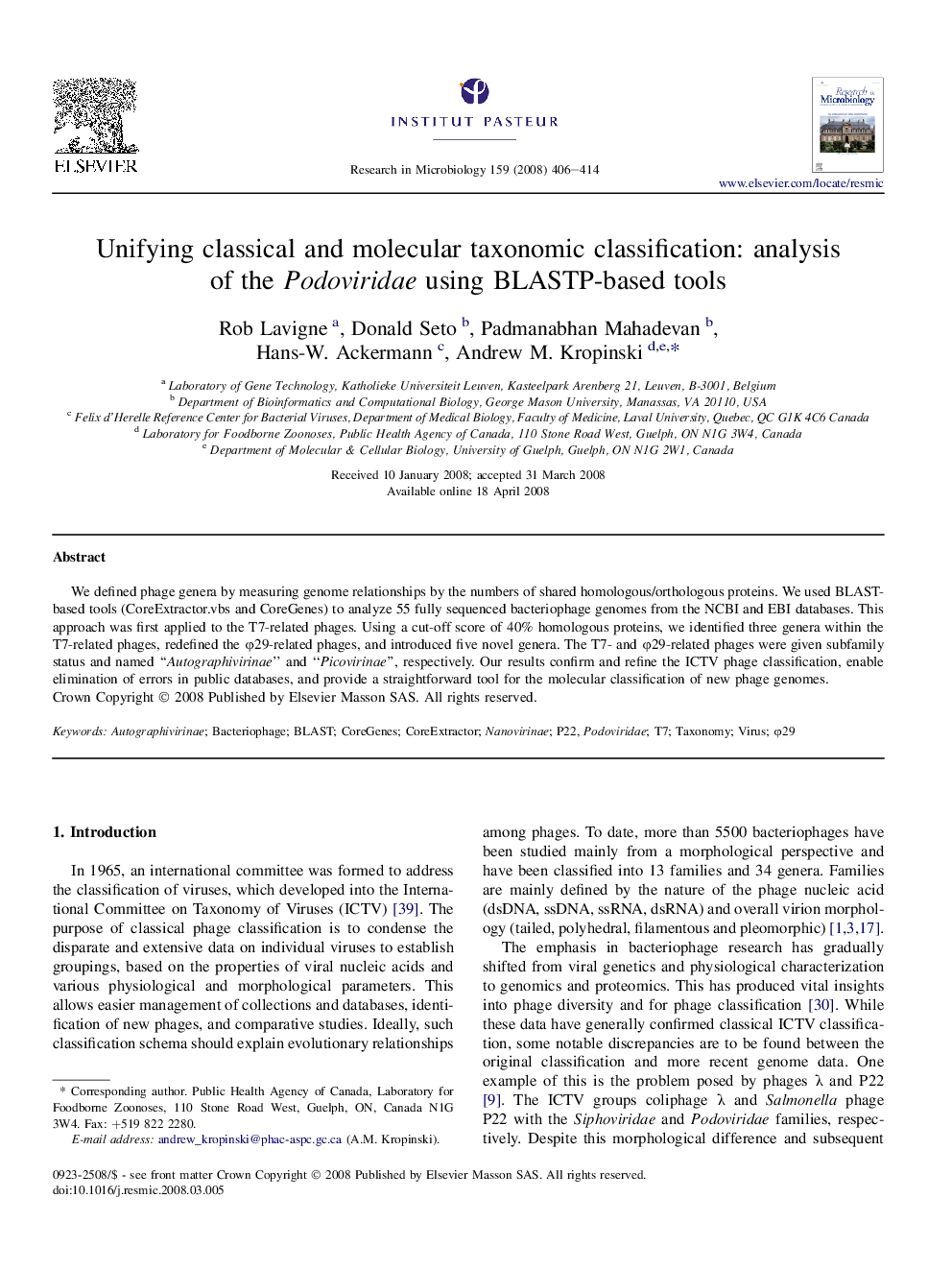 Unifying classical and molecular taxonomic classification: analysis of the Podoviridae using BLASTP-based tools