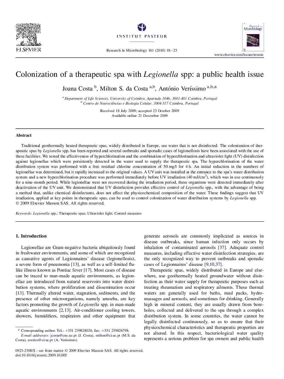 Colonization of a therapeutic spa with Legionella spp: a public health issue