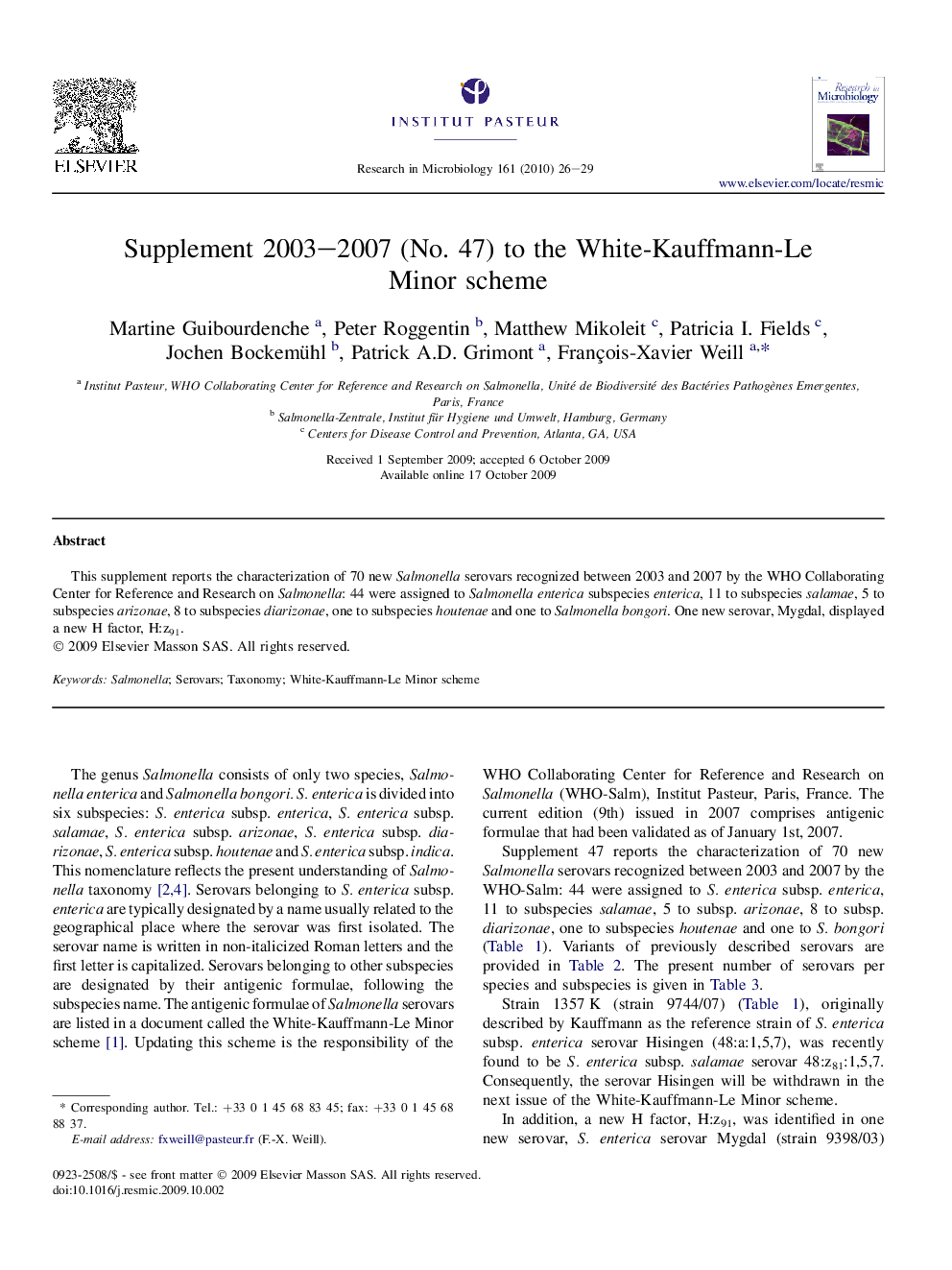 Supplement 2003–2007 (No. 47) to the White-Kauffmann-Le Minor scheme