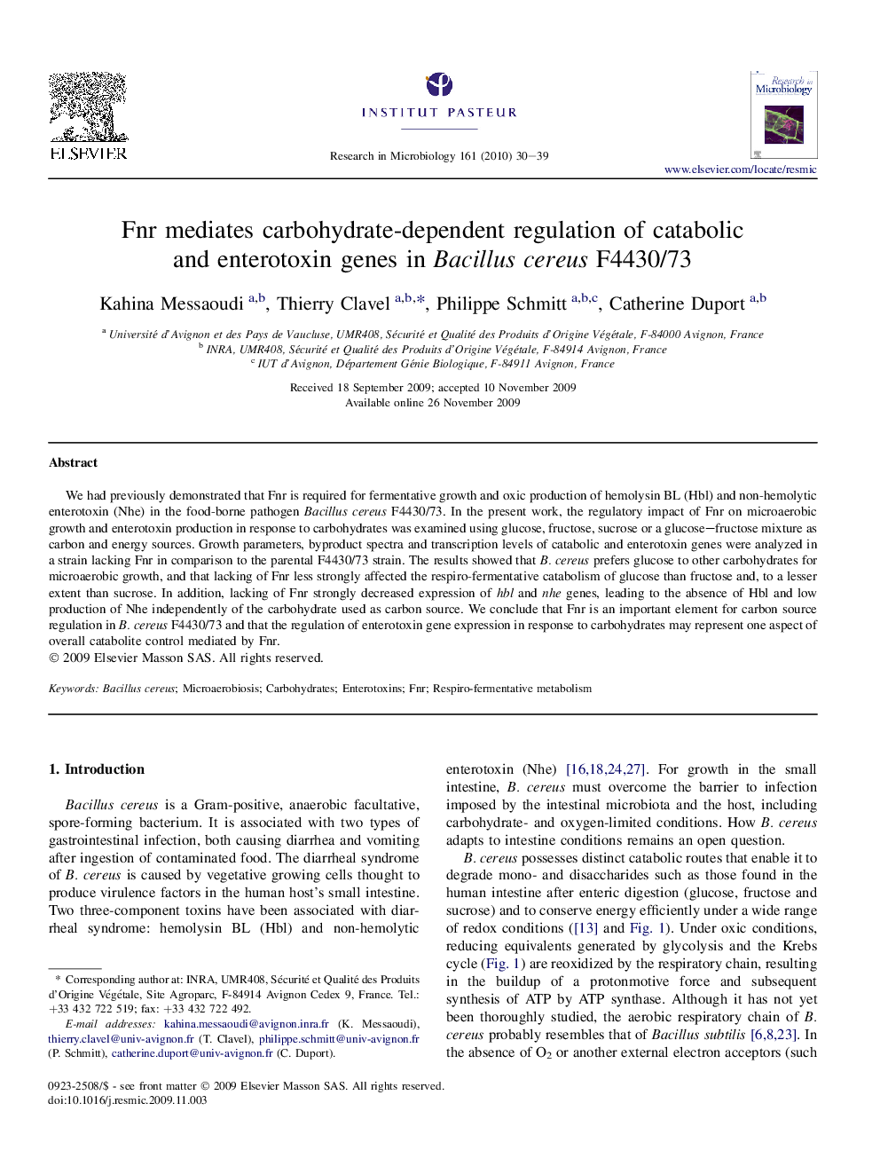 Fnr mediates carbohydrate-dependent regulation of catabolic and enterotoxin genes in Bacillus cereus F4430/73