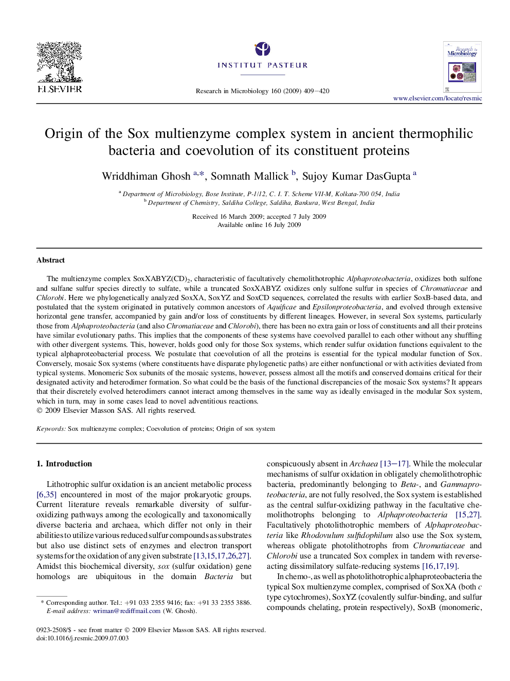 Origin of the Sox multienzyme complex system in ancient thermophilic bacteria and coevolution of its constituent proteins