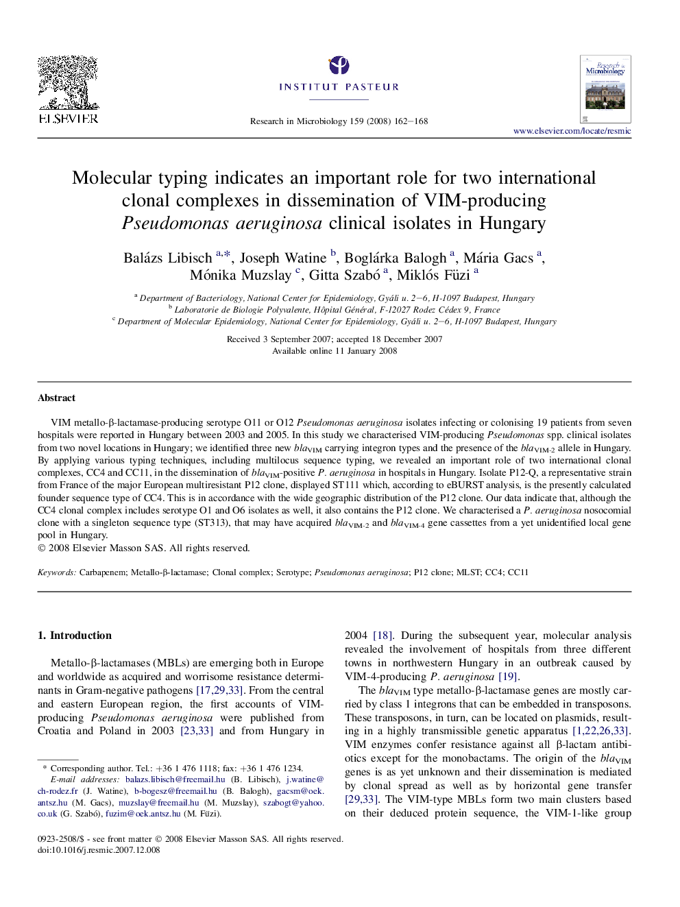 Molecular typing indicates an important role for two international clonal complexes in dissemination of VIM-producing Pseudomonas aeruginosa clinical isolates in Hungary