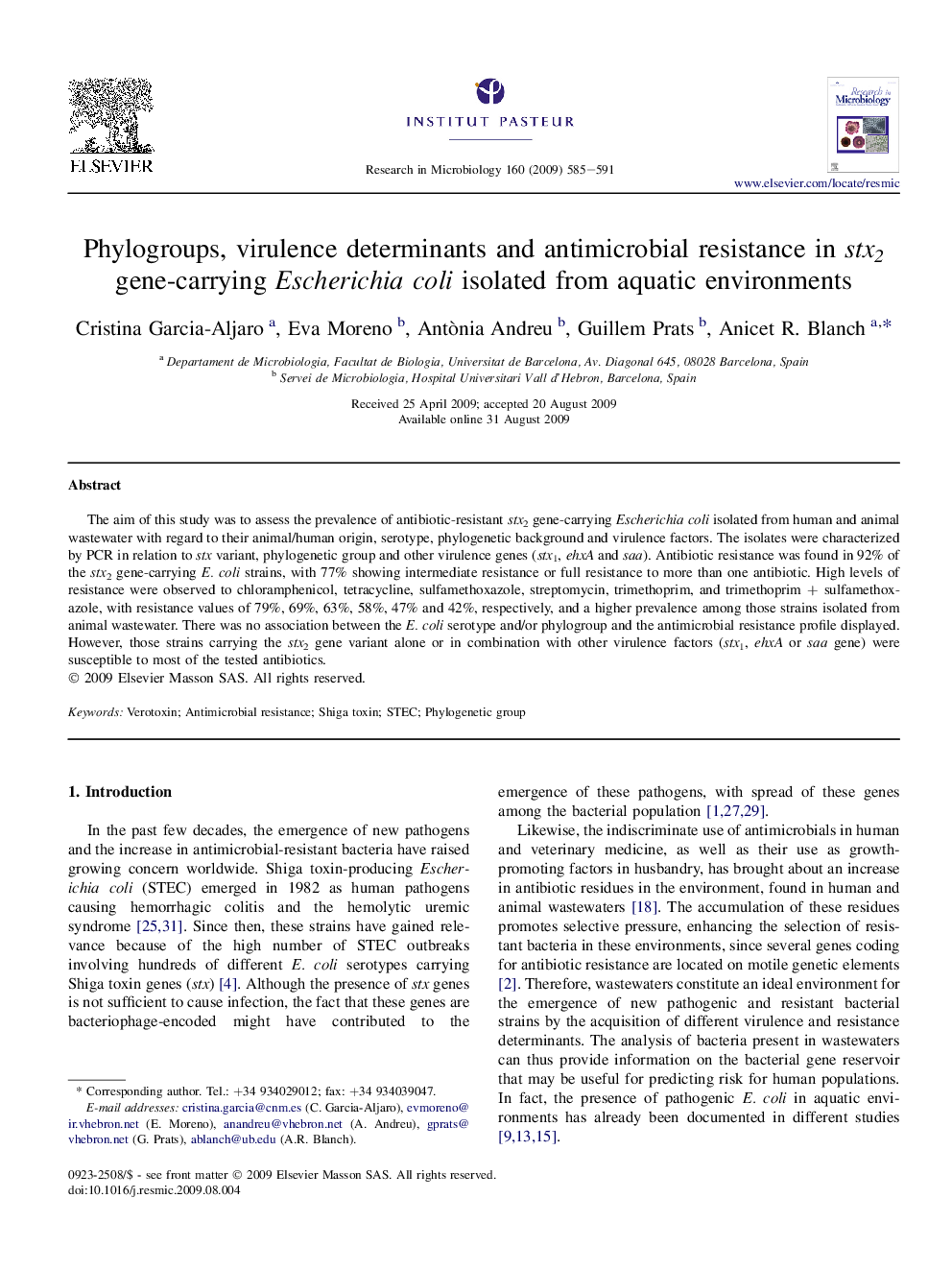 Phylogroups, virulence determinants and antimicrobial resistance in stx2 gene-carrying Escherichia coli isolated from aquatic environments