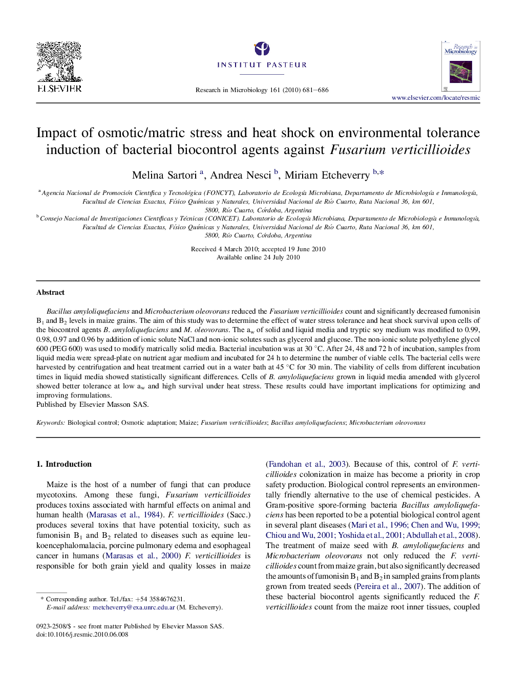 Impact of osmotic/matric stress and heat shock on environmental tolerance induction of bacterial biocontrol agents against Fusarium verticillioides