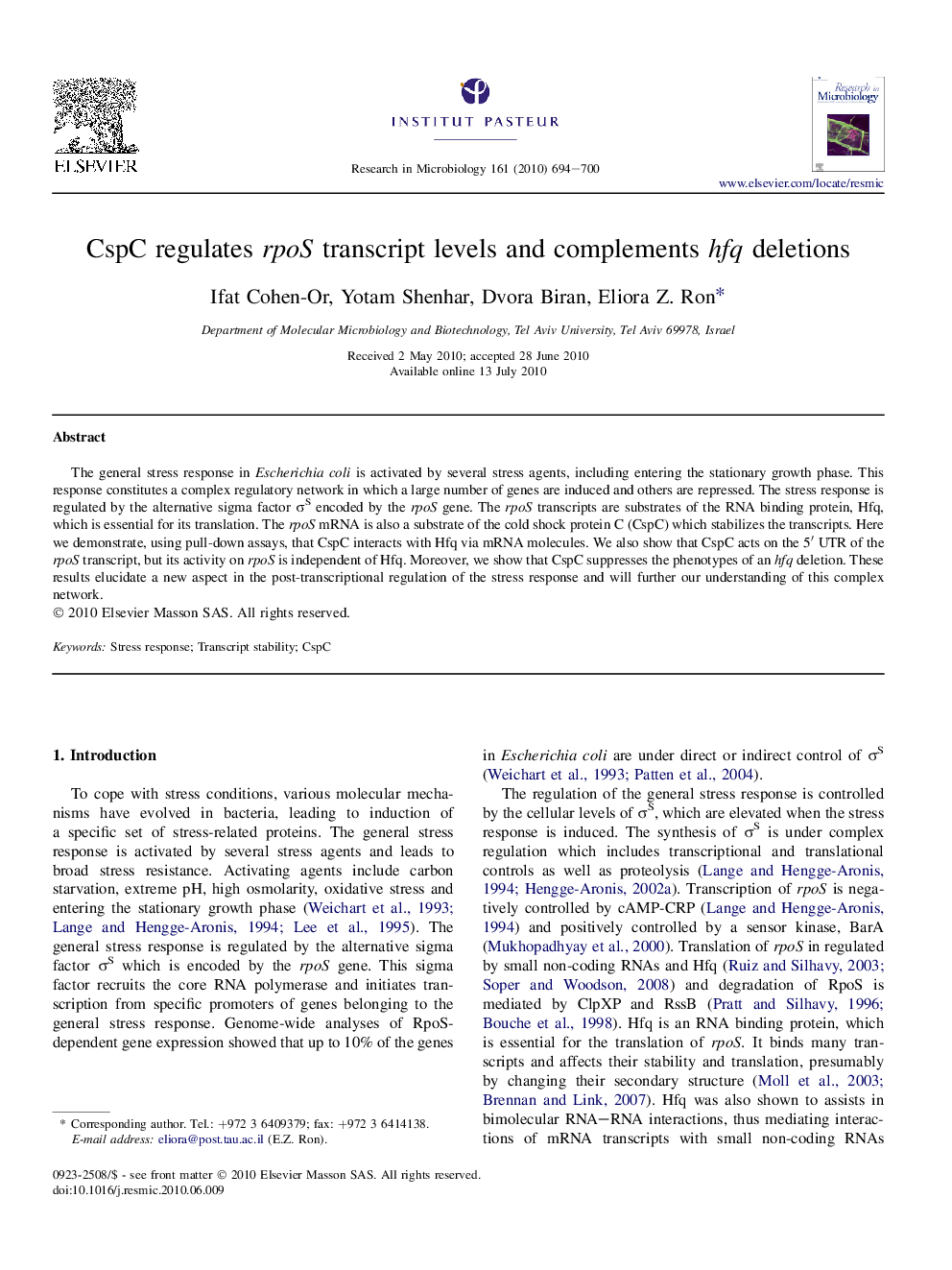 CspC regulates rpoS transcript levels and complements hfq deletions