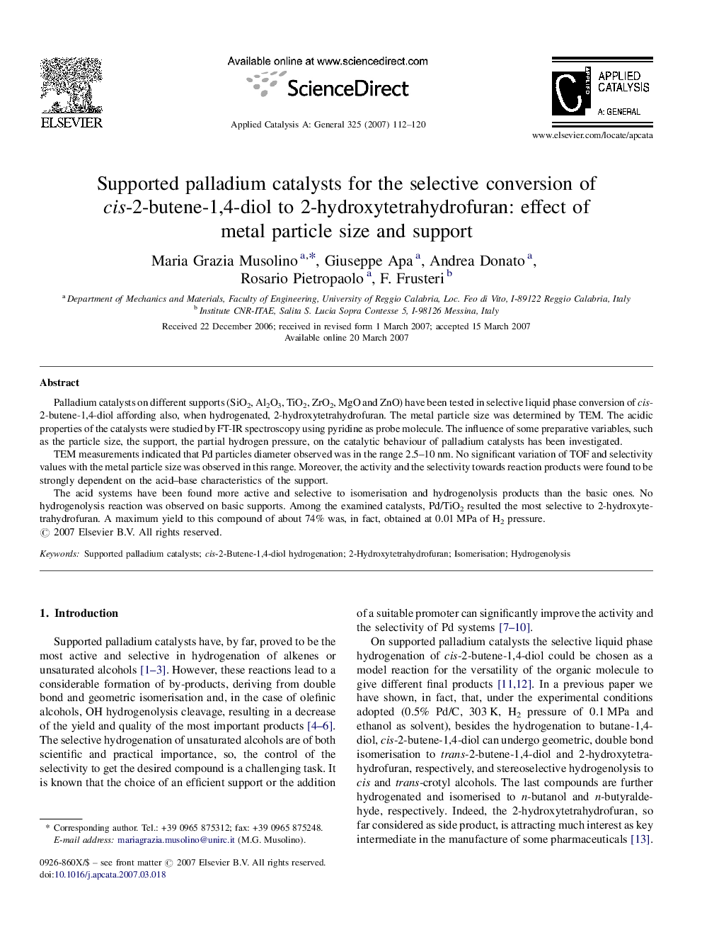 Supported palladium catalysts for the selective conversion of cis-2-butene-1,4-diol to 2-hydroxytetrahydrofuran: effect of metal particle size and support