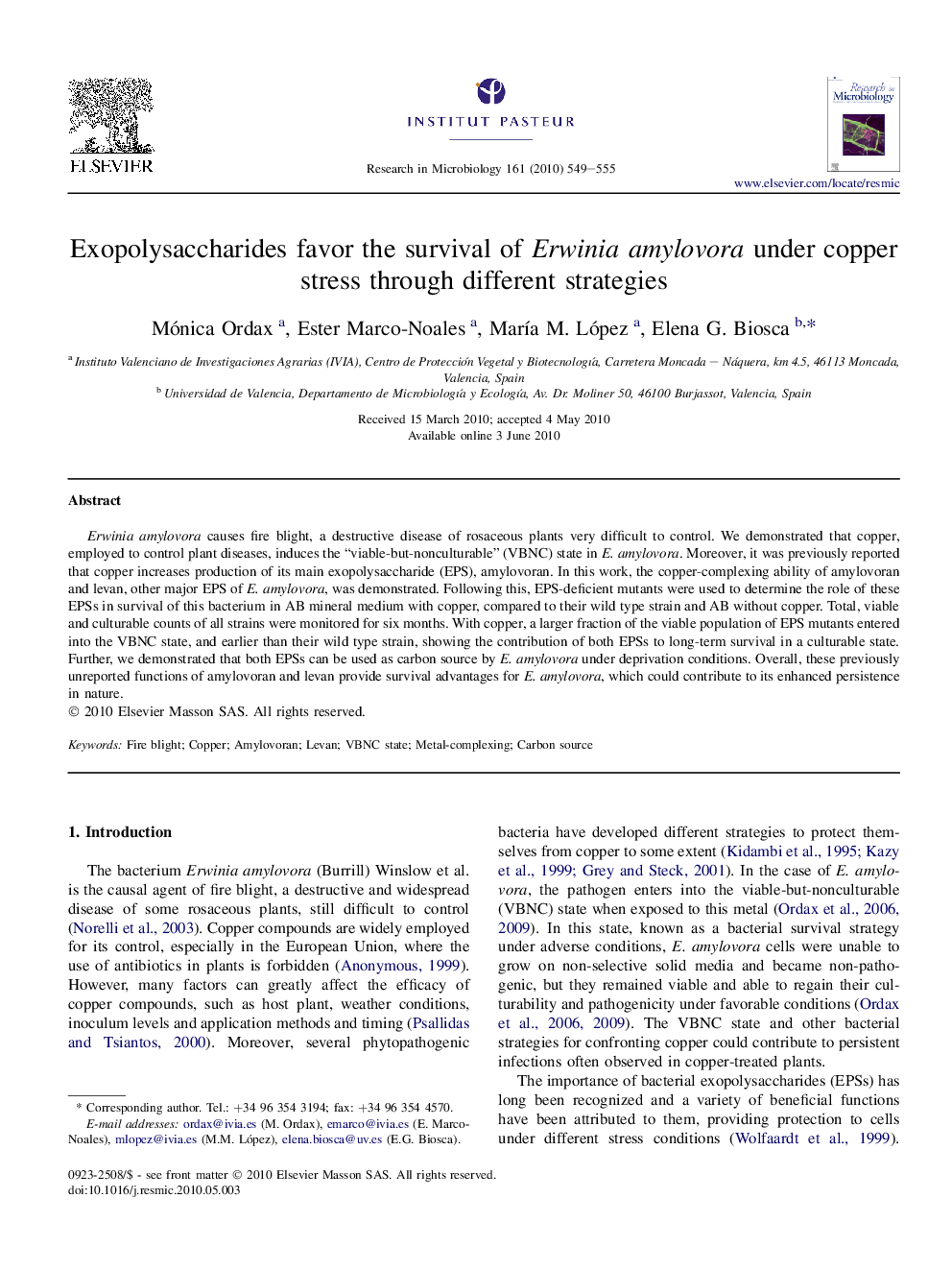 Exopolysaccharides favor the survival of Erwinia amylovora under copper stress through different strategies