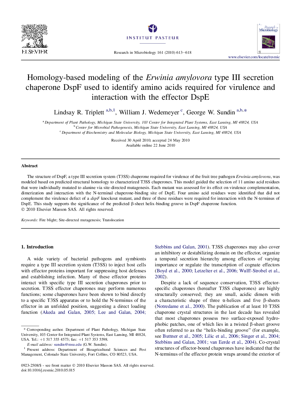 Homology-based modeling of the Erwinia amylovora type III secretion chaperone DspF used to identify amino acids required for virulence and interaction with the effector DspE