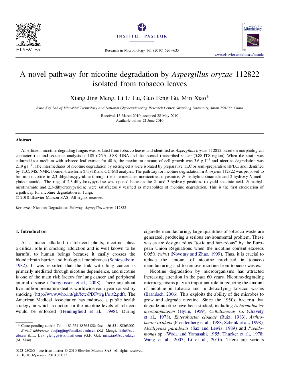 A novel pathway for nicotine degradation by Aspergillus oryzae 112822 isolated from tobacco leaves