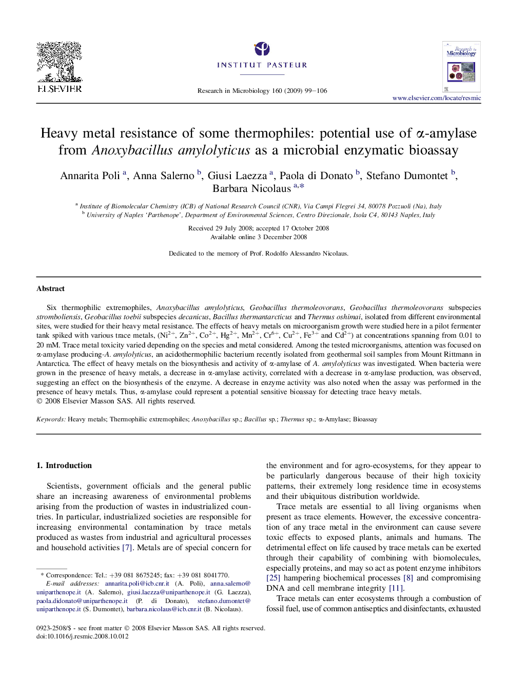 Heavy metal resistance of some thermophiles: potential use of α-amylase from Anoxybacillus amylolyticus as a microbial enzymatic bioassay