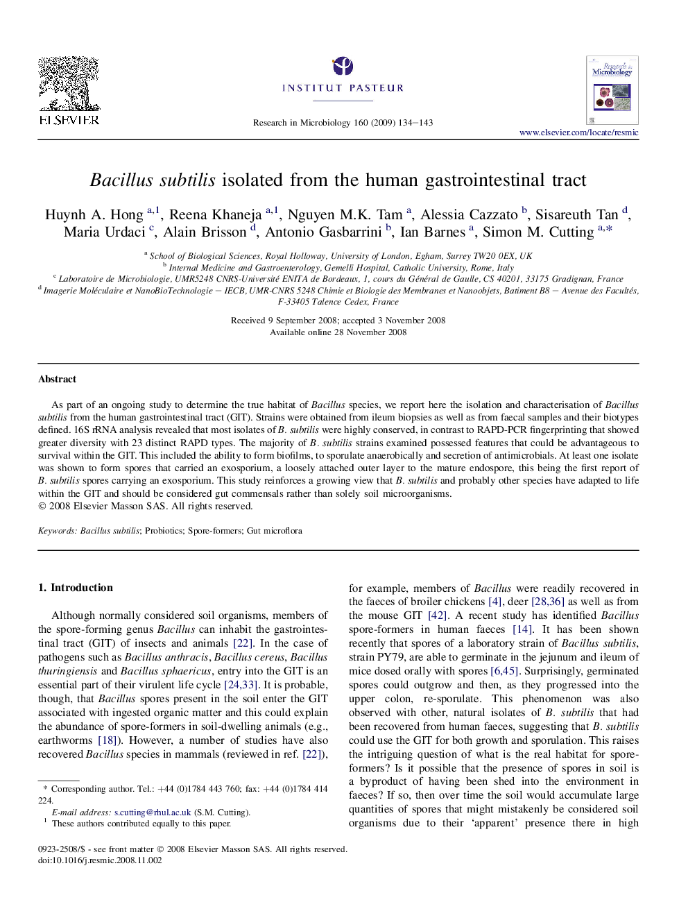 Bacillus subtilis isolated from the human gastrointestinal tract