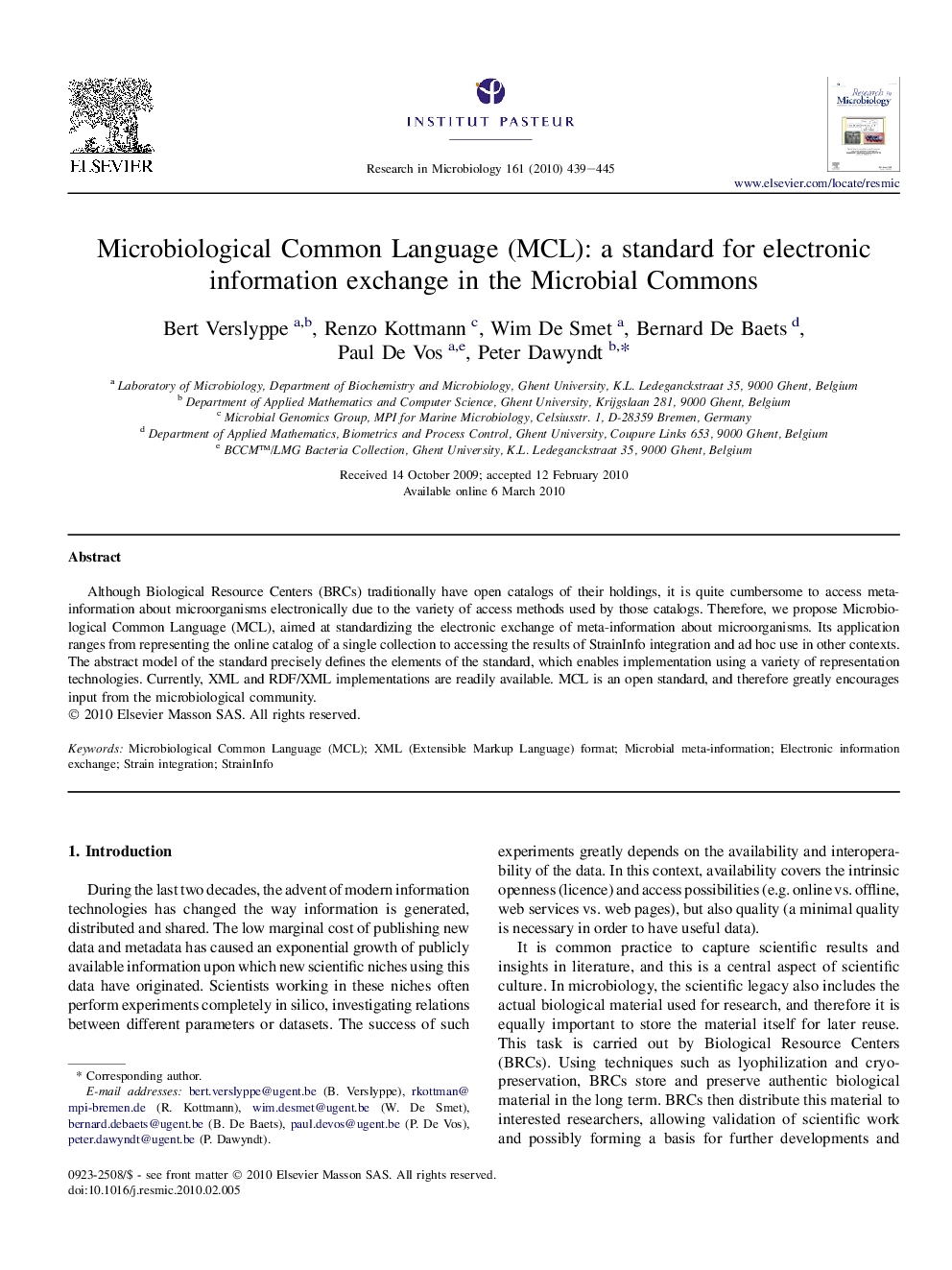 Microbiological Common Language (MCL): a standard for electronic information exchange in the Microbial Commons