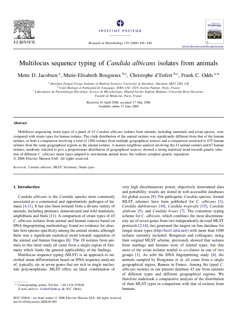 Multilocus sequence typing of Candida albicans isolates from animals