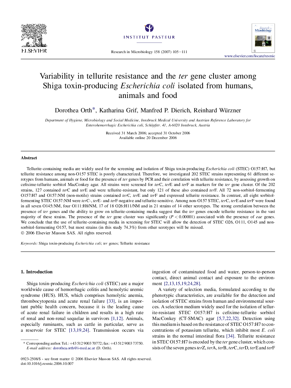 Variability in tellurite resistance and the ter gene cluster among Shiga toxin-producing Escherichia coli isolated from humans, animals and food