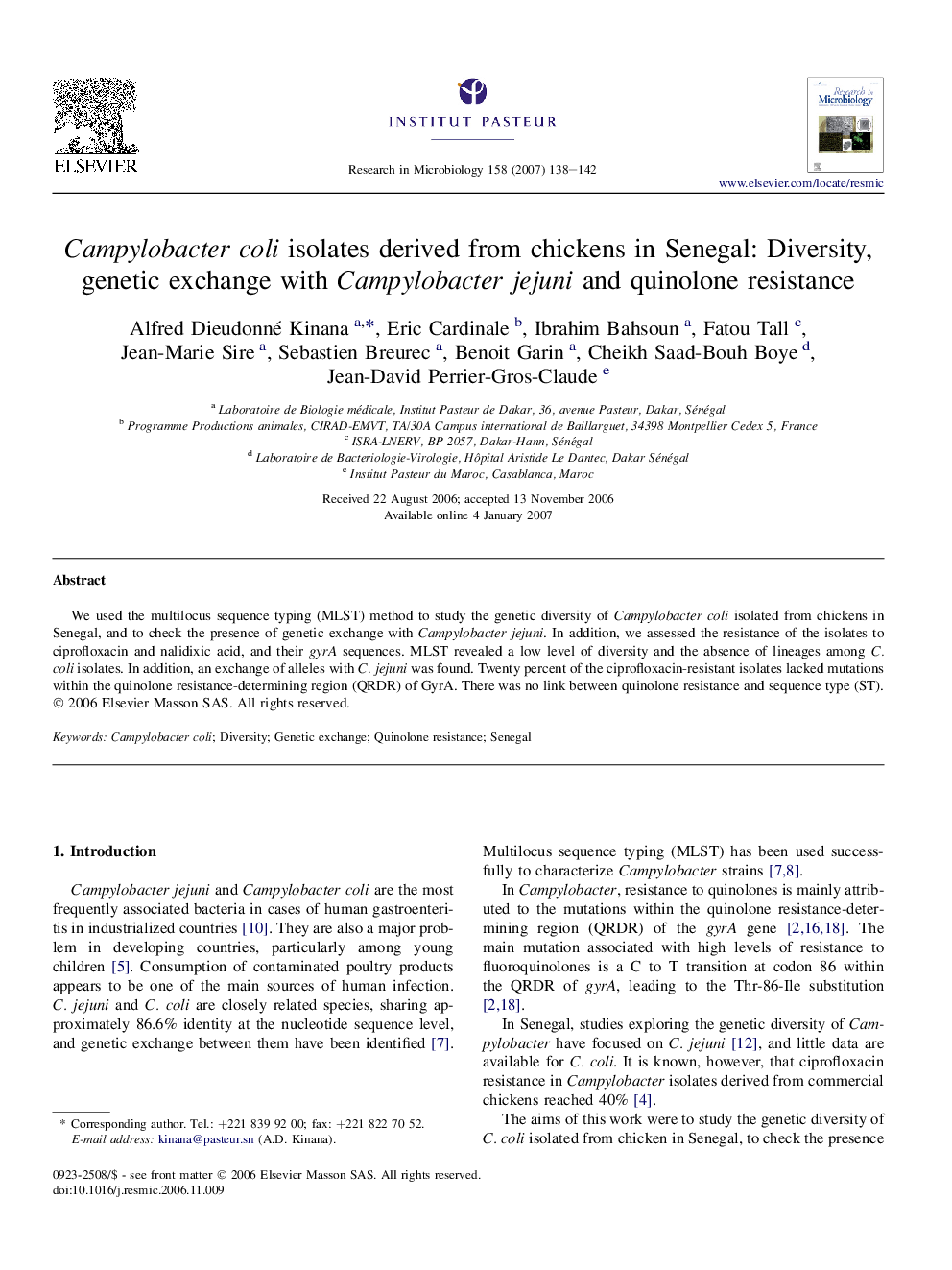 Campylobacter coli isolates derived from chickens in Senegal: Diversity, genetic exchange with Campylobacter jejuni and quinolone resistance