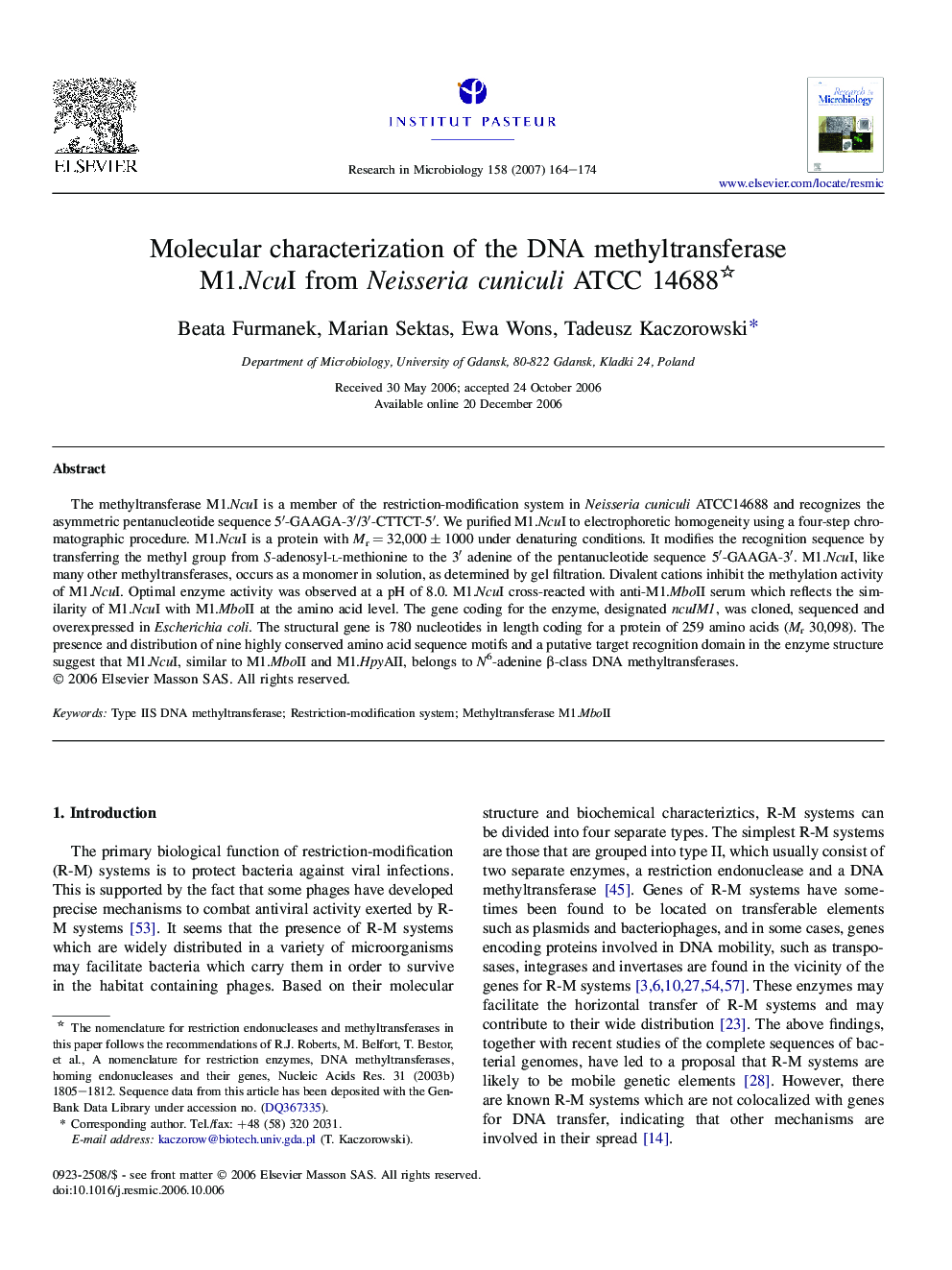 Molecular characterization of the DNA methyltransferase M1.NcuI from Neisseria cuniculi ATCC 14688 