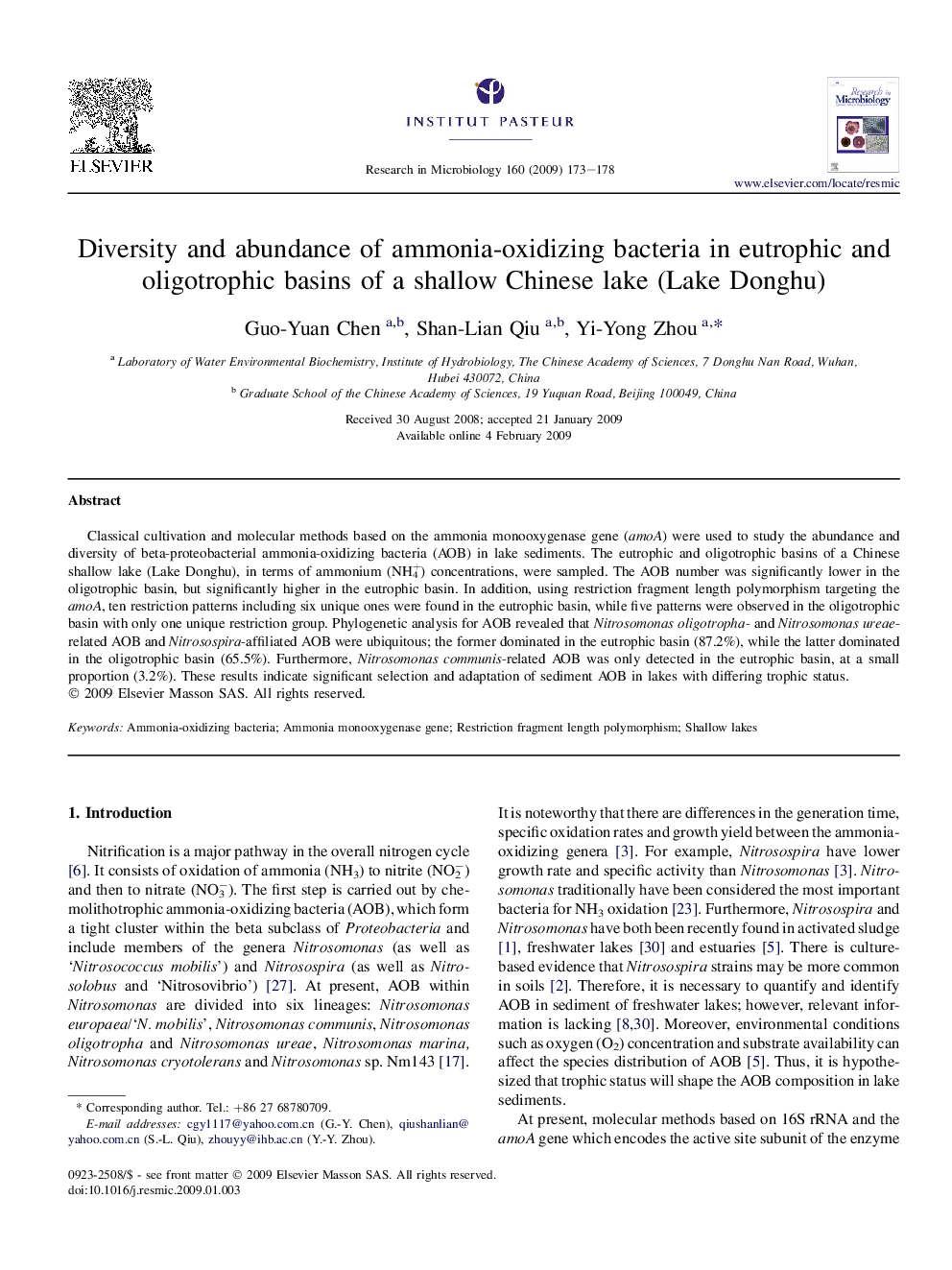 Diversity and abundance of ammonia-oxidizing bacteria in eutrophic and oligotrophic basins of a shallow Chinese lake (Lake Donghu)