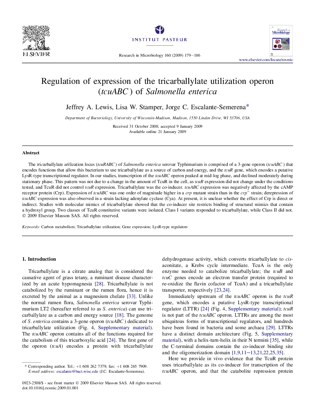 Regulation of expression of the tricarballylate utilization operon (tcuABC) of Salmonella enterica