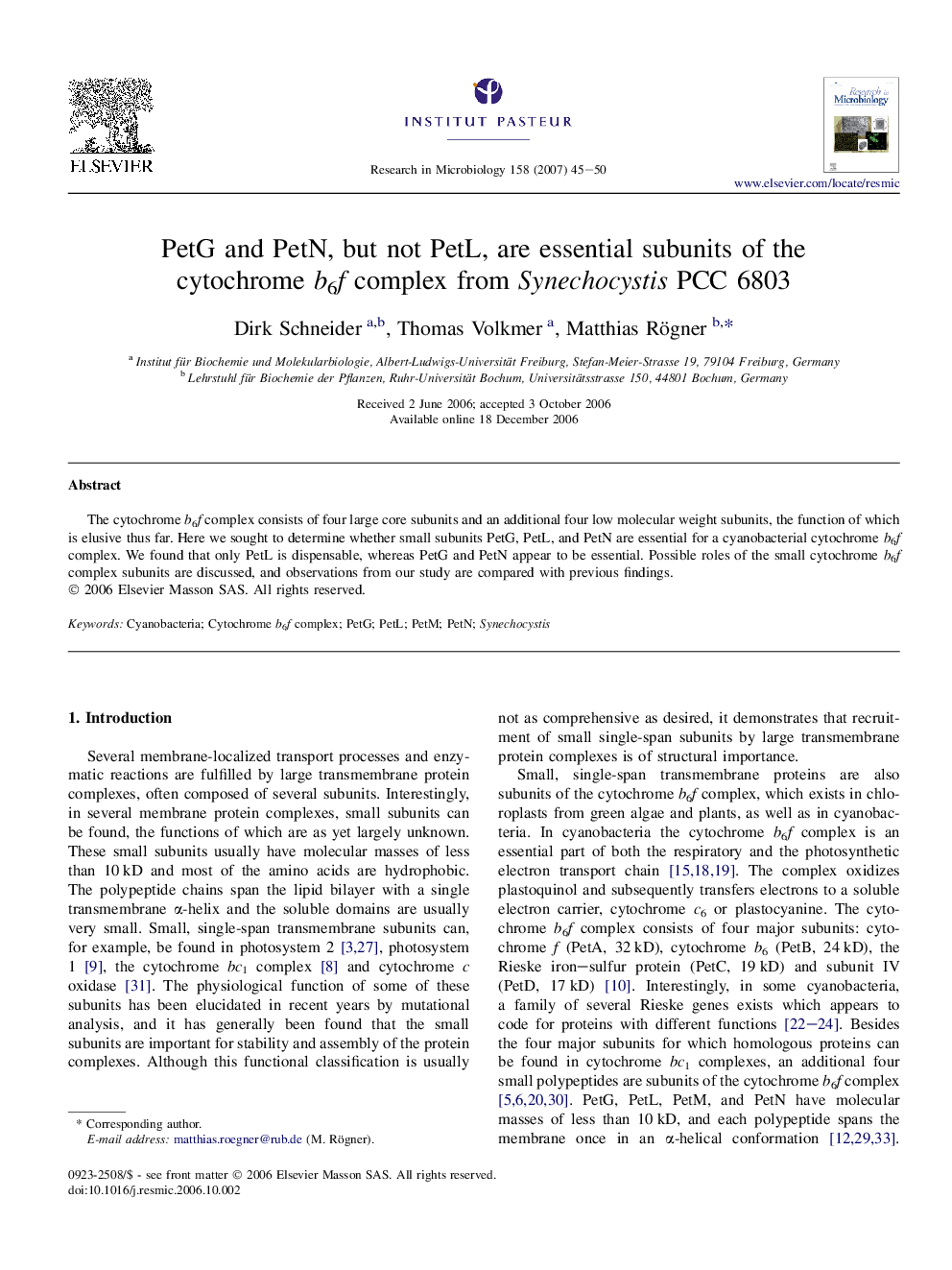 PetG and PetN, but not PetL, are essential subunits of the cytochrome b6f complex from Synechocystis PCC 6803