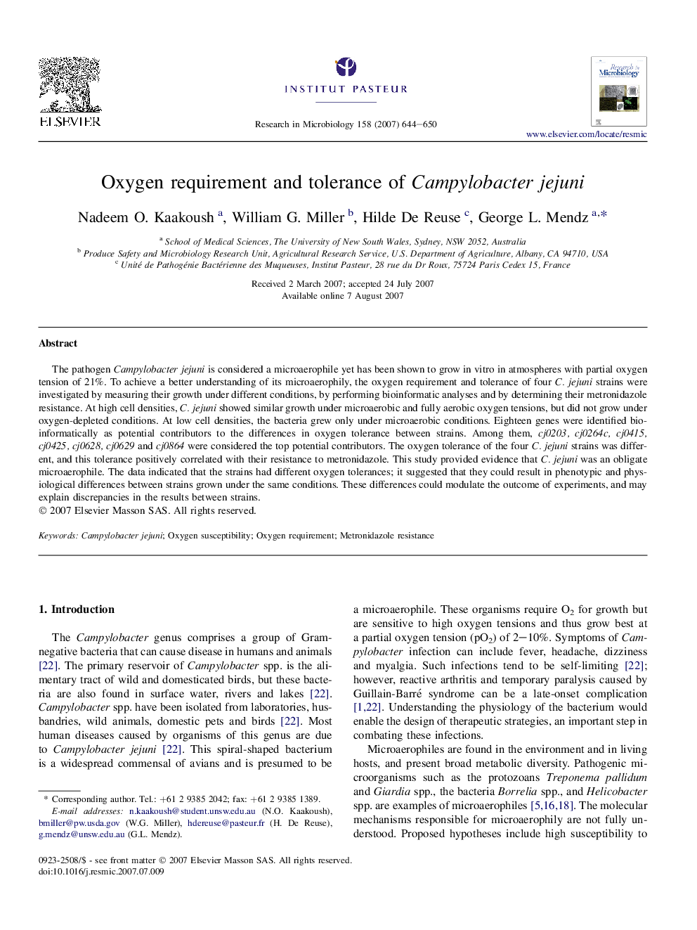 Oxygen requirement and tolerance of Campylobacter jejuni